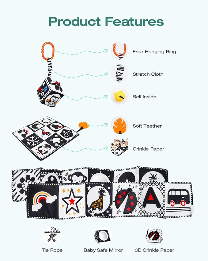 Melican 3 PCS Black and White High Contrast Baby Toys 0-3 Months for Newborn, Montessori Toys for Babies Sensory Soft Book for Early Education, Infant Tummy Time Toys 0 6 9 12 Months Baby Gifts