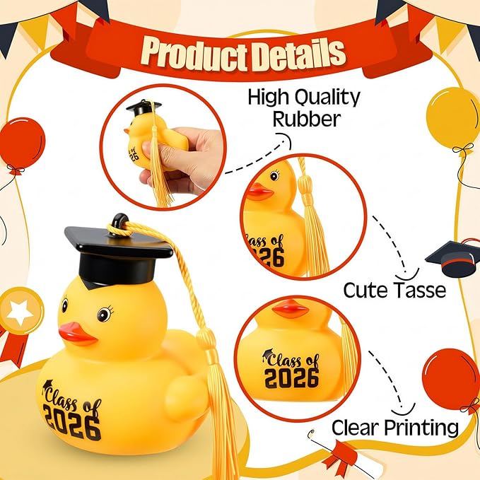 Yaomiao 24 Set Graduation Rubber Ducks with Grad Cap Bulk Class of 2026 Graduation Decorations with Card and White Organza Grad Rubber Ducks Gifts for Pool Swimming Party Favors