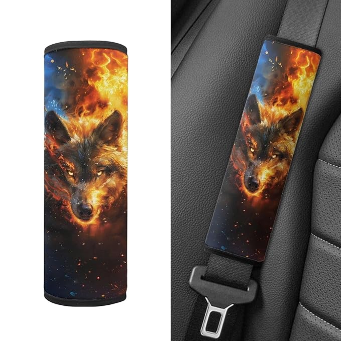 Biyejit Fire Wolf Baby Car Seat Neck Cover, Car Seat Strap Cover, Seat Belt Cushions Pads, Car Seat Harness Strap Cover, Shoulder Strap Protectors, Baby Neck Pad Protector 2PCS Set