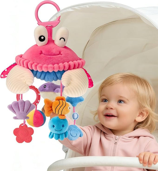 Car Seat Toys for Babies 0-6 Months, Hanging Sensory Crab Plush Toy for Stroller, Crib & Play Gym, Montessori Infant Activity Toy with Mirror, Rattle & Teether, Newborn Baby Gifts 0-12 Months (Pink)