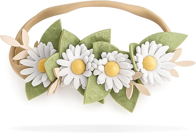 California Tot Felt Floral Daisy Crown – Soft & Stretchy Nylon Headband for Infants, Babies, Toddlers, and Girls – Wildflower Green Leaves & White Daisy Headpiece