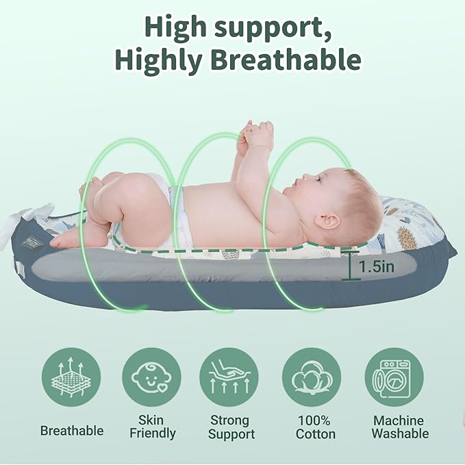 Infant Support Cushions | Baby Lounger | Organic Cotton Infant Lounger | Reversible, Adjustable & Portable Floor Lounger | Supervised Use | Soft, Breathable, Washable Cover (sea)