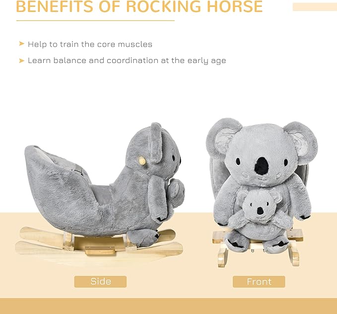 Qaba Kids Ride-On Rocking Horse, Koala-Shaped Rocker with Realistic Sounds for Children 18-36 Months, Gray