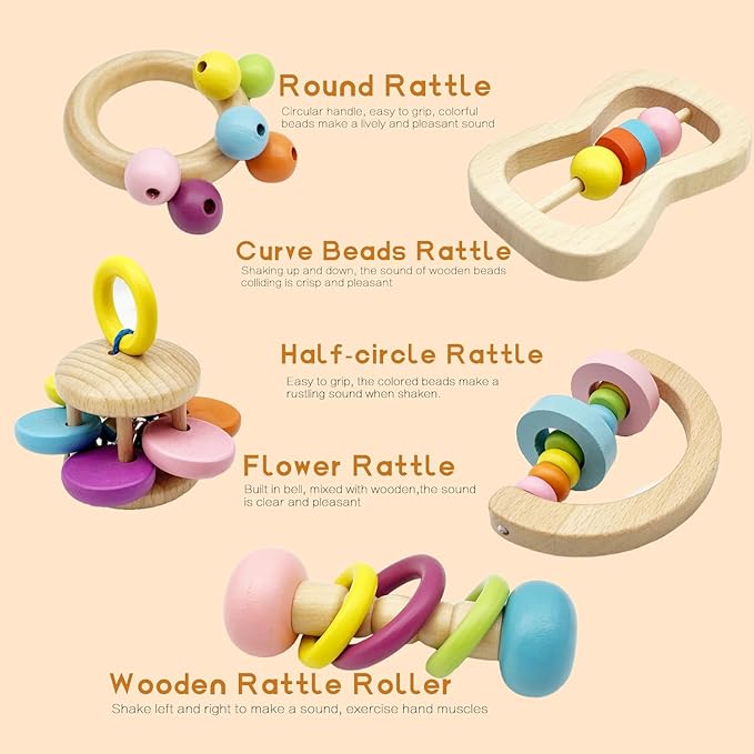 Wooden Baby Rattle, Organic Colorful Baby Rattles Set, Toddler Hand Wooden Rattles Toy Set for Infant Grasping, Sensory Development, Gift for Baby Boys Girls