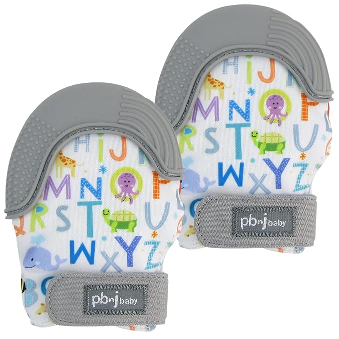 PBnJ Baby, Silicone Teether Glove, Baby Toys 0-6 Months, Mittens for Infants use as Teething Pacifier, Teething Toys 3-6 Months, Teethers for Babies 6-12 Mon, 6 Mo Old Must Haves - ABC