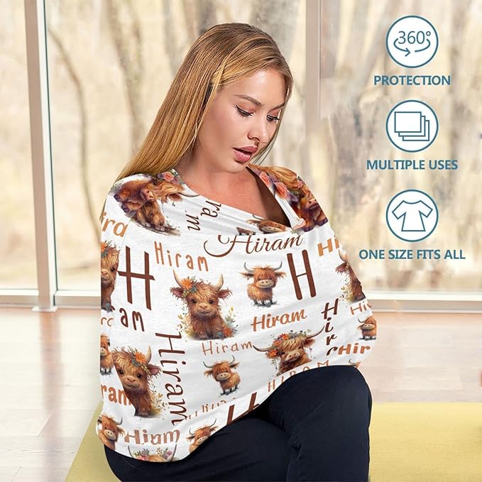 Personalized Highland Cow Baby Car Seat Cover for Boys Girls, Customized Baby Multi Use Carseat Cover with Monogram Name, Nursing Cover Breastfeeding Scarf Stroller Canopy for Newborn Infant