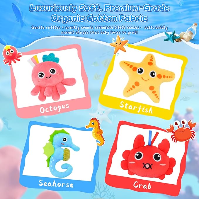 Baby Wrist Rattle Foot Finder Socks Set, CPC Safe Sensory Plush Toys for 0-12 Months Newborn Boys Girls, Ocean Rattles Baby Shower Registry Gift for Expecting Moms Essentials