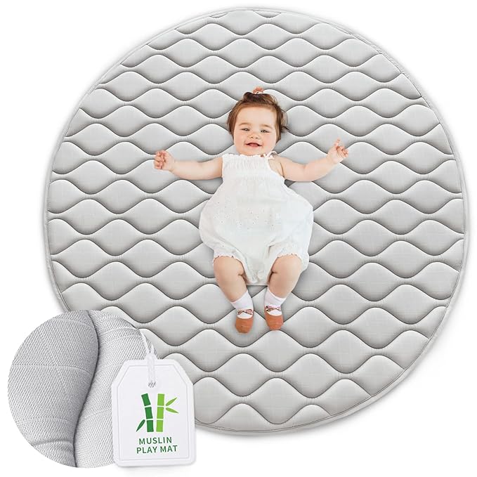 Biloban Foam Play Mat 40×40, Muslin One-Piece Crawling Mat for Baby & Toddler to Play on Floor, Non Slip, Grey