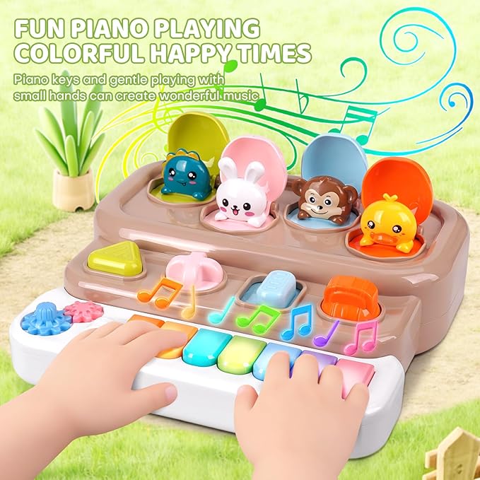 Pop Up Music Toy with Piano Keyboard - Interactive Cause and Effect Animal Game for 1-3 Year Olds, STEM Learning Educational Baby Toy with Music & Lights for Toddlers 6-12 Months