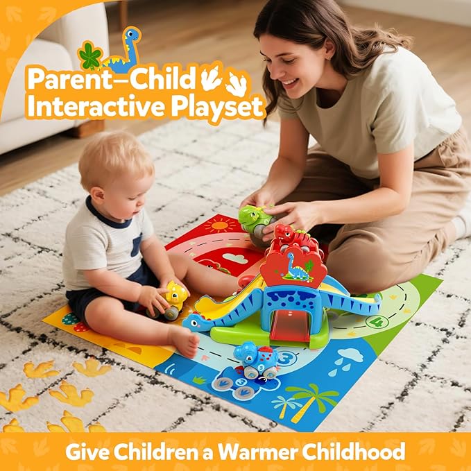 Toddler Toys for 1 2 Year Old Boy Gifts - Educational Dinosaur Slide Set with 4 Color/Number Push Cars and Playmat, Montessori Learning Toy for Baby 12-18 Months, 1st Birthday Present Ages 1-2, Red