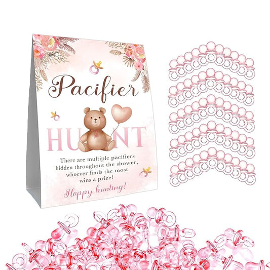 Winnie Pacifiers Hunt for Baby Shower Game, Mini Pacifiers Baby Shower Games Set, Include Winnie Theme Baby Pacifier Hunt Sign and 50 Pink Mini Pacifiers