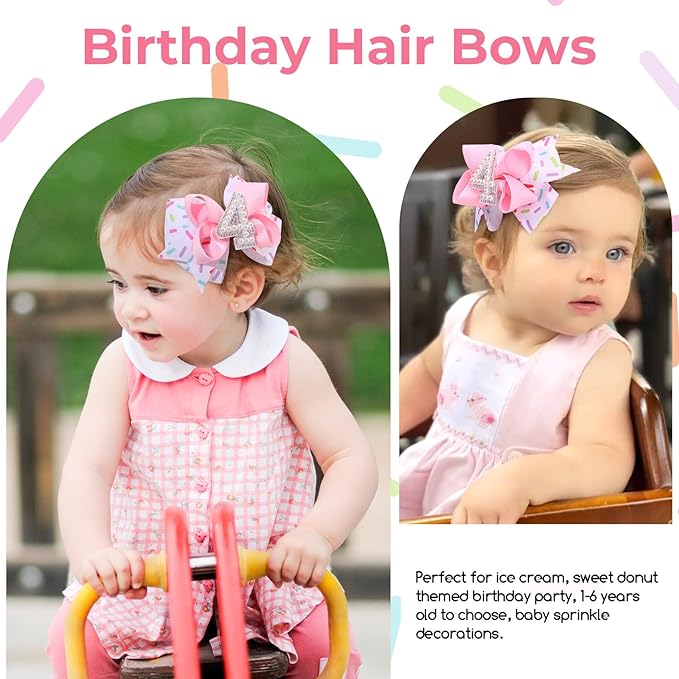 2PCS Hair Bows for Baby Girls Birthday - 4th Birthday Hair Bow Sweet Theme with Ice Cream Party, Pink Hair Accessories for Baby Toddler 1 2 3 4 5 6 Years, Outfit & Decorations