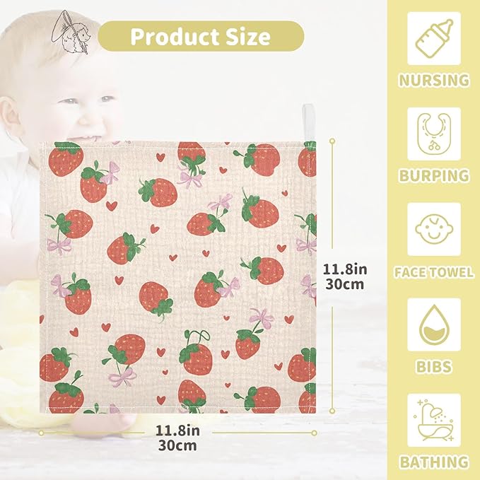 Washcloths Set Bathroom Kitchen Wash Cloths Face Towels Wipes Strawberry Bowknot Decorative 12x12 Inch 5 Pack