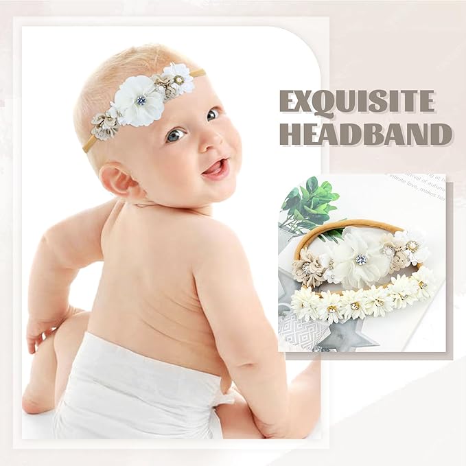 Dizila 6 Pieces Super Soft Stretchy White Ivory Baby Girl Flower Nylon Headbands Floral Hair Accessories for Newborns Infants Toddlers Girls Kids