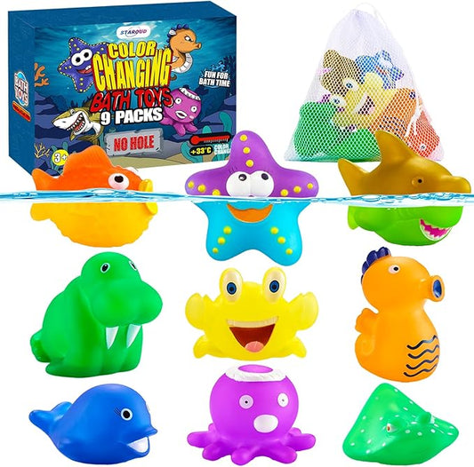9 Packs Color Changing No Hole Bath Toys for Kids Toddlers Baby, Color Change Water Table Toys Sea Creatures Ocean Animal Bathtub Toys with Drying Bag
