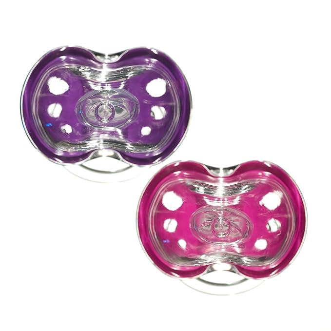 Playtex Baby Binky Orthodontic Pacifier with Snap-On Cover, Air Comfort Shield, Medical Grade Silicone, Up to 6 Months, Pink & Purple (2 Count)