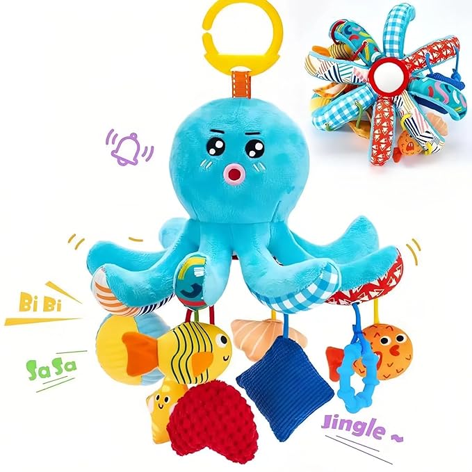 Hanging Toys with Pulling Cords, Squeaky, Rattle, Mirror, Newborn Sensory 0-12 Month Babies Gift Carseat Stroller Hanging Toy for Baby Gym