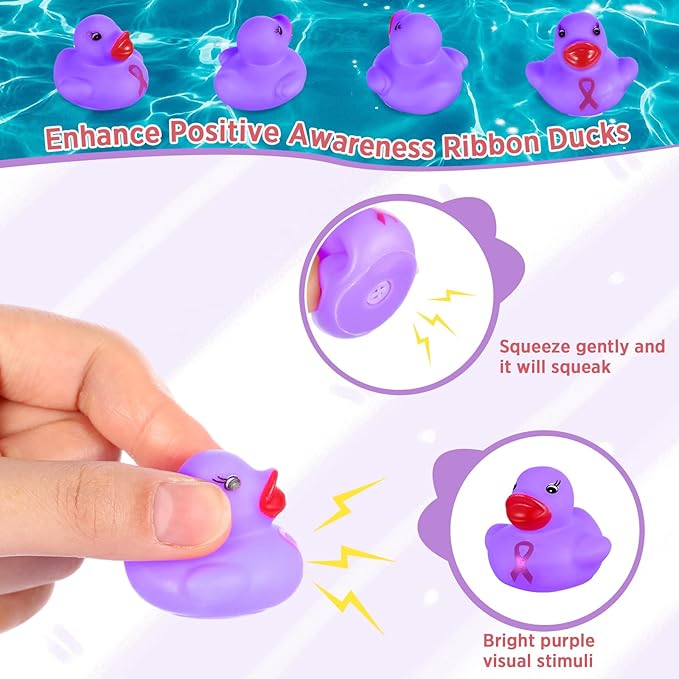 Lunmon 200 Pcs Purple Rubber Ducks Alzheimers Awareness Ribbon Bath Duck Float Mini Bath Toys Bulk Pancreatic Cancer Domestic Violence Awareness Products for Charity Event Supplies