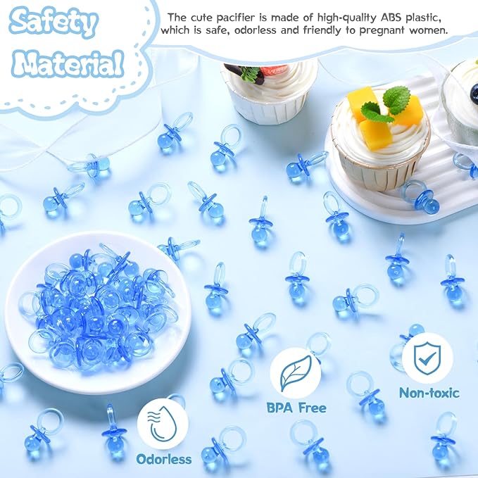 50 Pcs Mini Pacifiers Baby Shower Games Boy, 1.25 Inch Cute Baby Shower Pacifiers, Bulk Acrylic Pacifier for Party Table Scatter, Pacifier Hunt Game, Gender Reveal Decoration Party Favors(Blue)