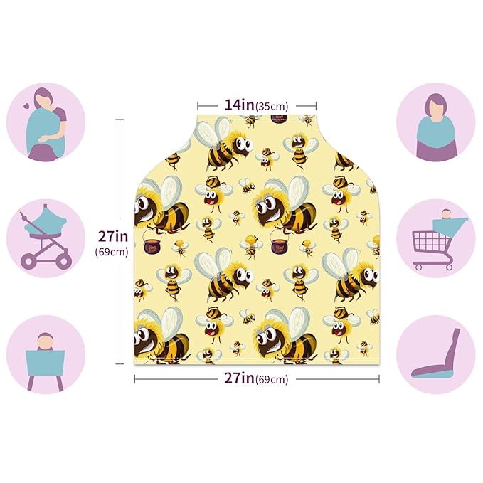 Baby Car Seat Stroller Covers Cartoon Bumble Bee Nursing Cover Breastfeeding Scarf Soft Breathable Stretchy Infant Car Canopy Coverage Carseat Cover for Boys and Girls Multi Use