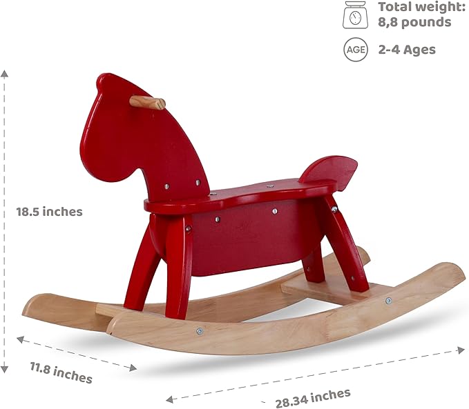 Red Wooden Rocking Horse Funny for Toddlers (Ages 2-4) - Solid Rubber Wood, Smooth Surface for Creative Decoration, Minimalist Rocking Horse, Vintage