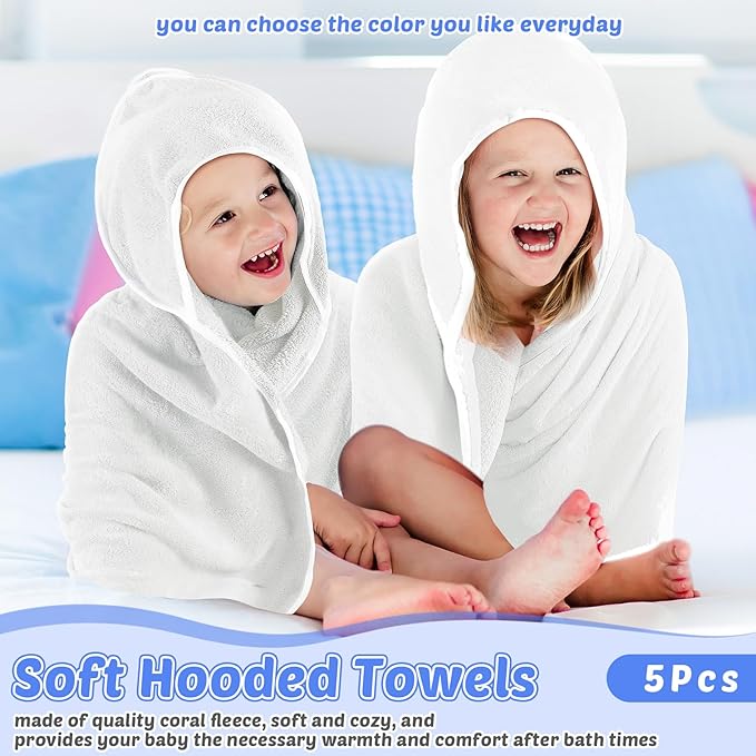 Buryeah 5 Pcs Baby Bath Towel and 15 Count Baby Washcloths Sets, Hooded Towels for Newborns Infants and Toddlers Soft Coral Fleece Toddler for Newborn Boy Girl(White)