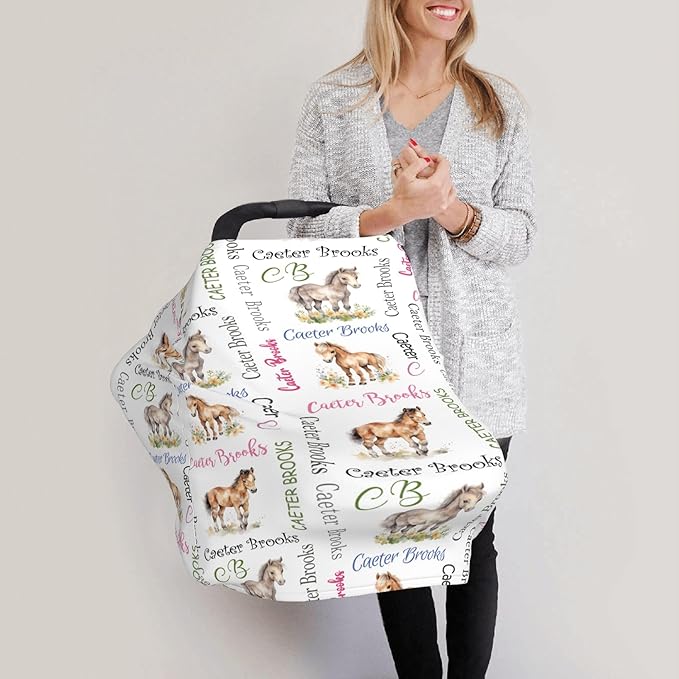 Personalized Car Seat Covers for Babies with Name – Multi-use Breastfeeding Cover Custom Horse Carseat Canopy Cover, Infant Stroller Covers for Boys and Girls