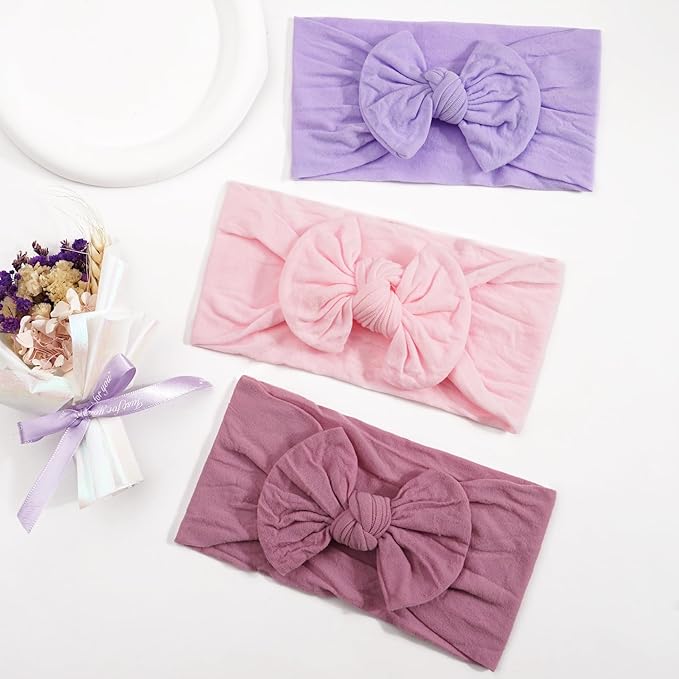 JOYOYO 3 Colors Soft Wide Turban Baby Headbands with 4.5 inches Hair Bow Headbands for Baby Girls Infants Newborn Hair Accessories Toddlers Kids and Children(Pink Purple Purple)