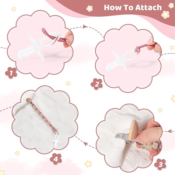 Pacifier Clip for Boys Girls Floral Daisy Macrame Baby Paci Clip Pacifier Holder Leash Boho Wooden Clips Handmade Braided Cotton Binky Clips (2pack:Caramel Style × 2)