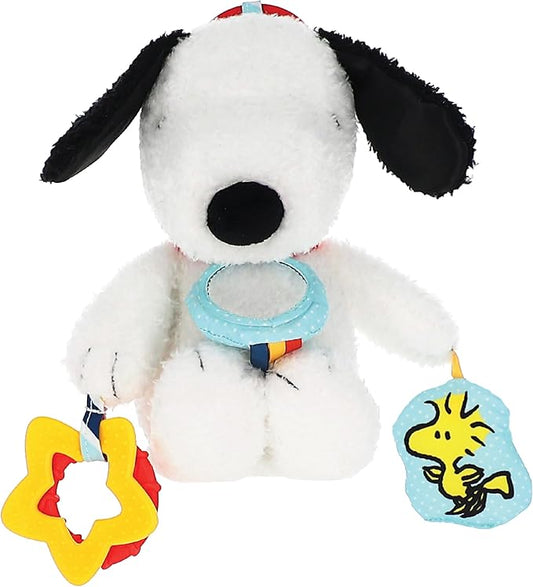 Kids Preferred Peanuts Snoopy Activity Toy - Jingle, Mirror, Teethers, Crinkle, Ribbons, Crinkle, Satin Accents, Soft Plush, On-The-Go Clip, 12 in