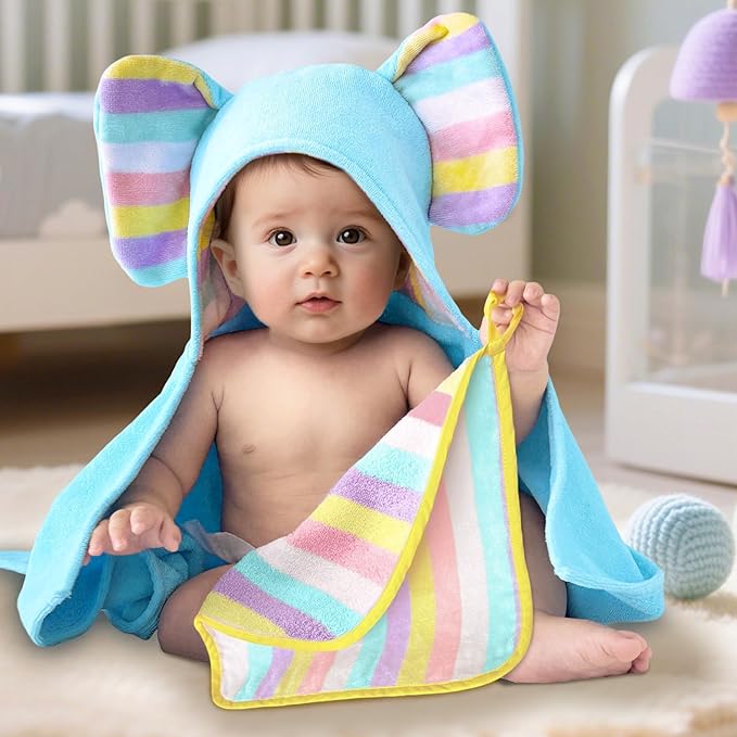 VOOVA & MOVAS Blue Baby Bath Towel with Cute Elephant Ears Hood – 33" x 31.5", 420GSM, 100% Cotton – Super Absorbent & Thick – for 0–18 Months Newborn, Toddler, Infant, Baby Essentials