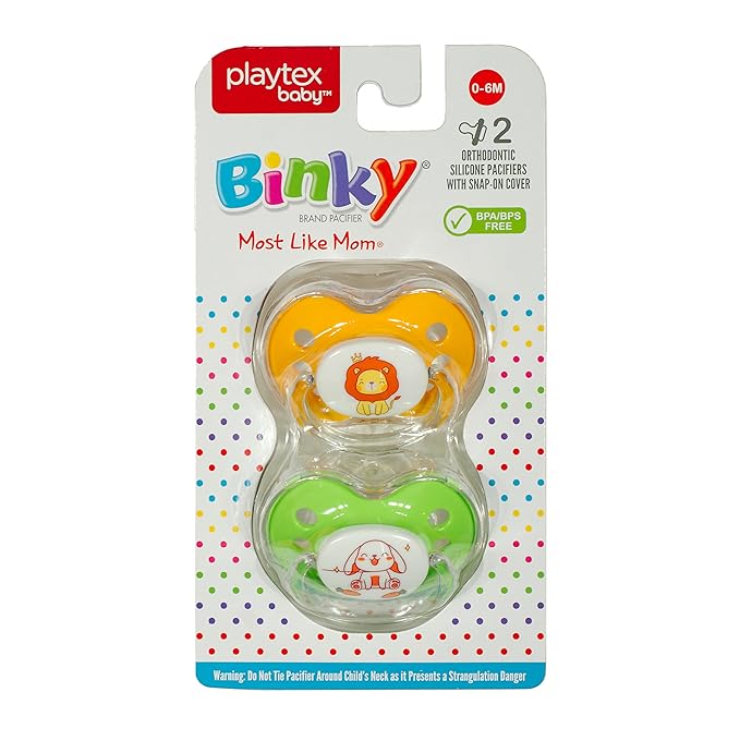 Playtex Baby Binky Orthodontic Pacifier with Snap-On Cover, Air Comfort Shield, Medical Grade Silicone, Up to 6 Months, Orange & Green (2 Count)