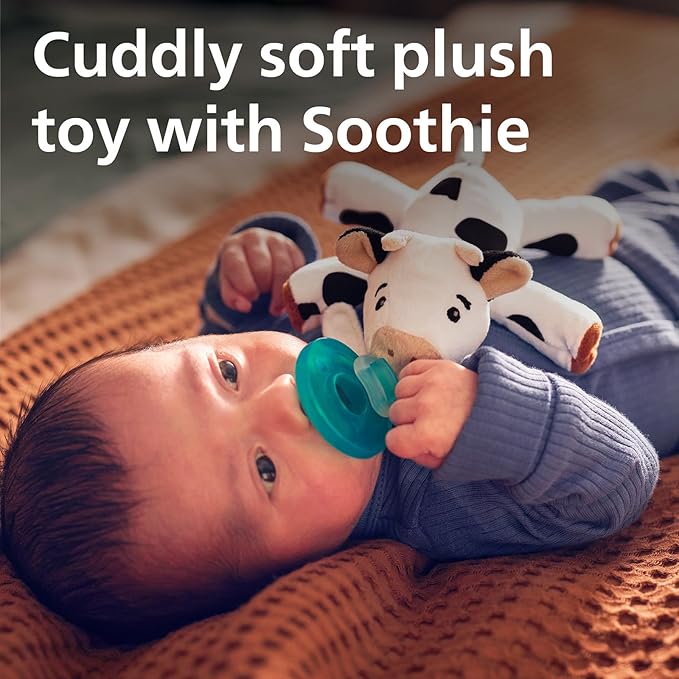 Philips Avent Soothie Snuggle Pacifier Holder with Detachable Pacifier,0m+,Cow,SCF347/05,(Pack of 3)