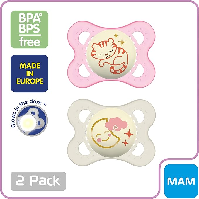 MAM Night Pacifiers (2 Pack, 1 Sterilizing Pacifier Case), MAM Pacifiers 0-6 Months & Original Matte Baby Pacifier, Nipple Shape Helps Promote Healthy Oral Development