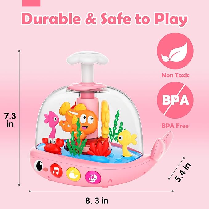 DUPHLAGT Baby Girl Toys 6-12 Months - Press & Spin Aquarium Light Up Musical Toy for Infant Toy 9-12-18 Months - Bilingual Learning Toddler Toys for 1 2 3 Year Old Boy Girl (Pink)