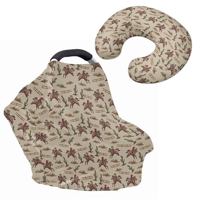 Baby Car Seat Canopy and Nursing Pillow Case Covers Vintage Cactus Cowboy Breastfeeding Protectors Universal Fit Shopping Cart, High Chair, Breastfeeding, Unisex