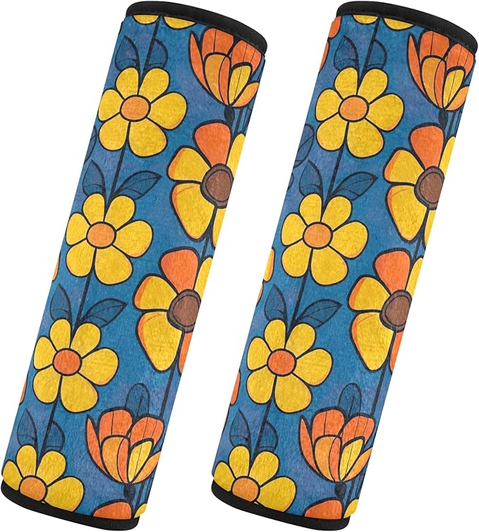 CHIFIGNO Blue and Yellow Hipper Flowers Car Seat Belt Covers 2 Pack Car Seat Strap Pads Soft Shoulder Pad Auto Decor Accessories for Adults Kids