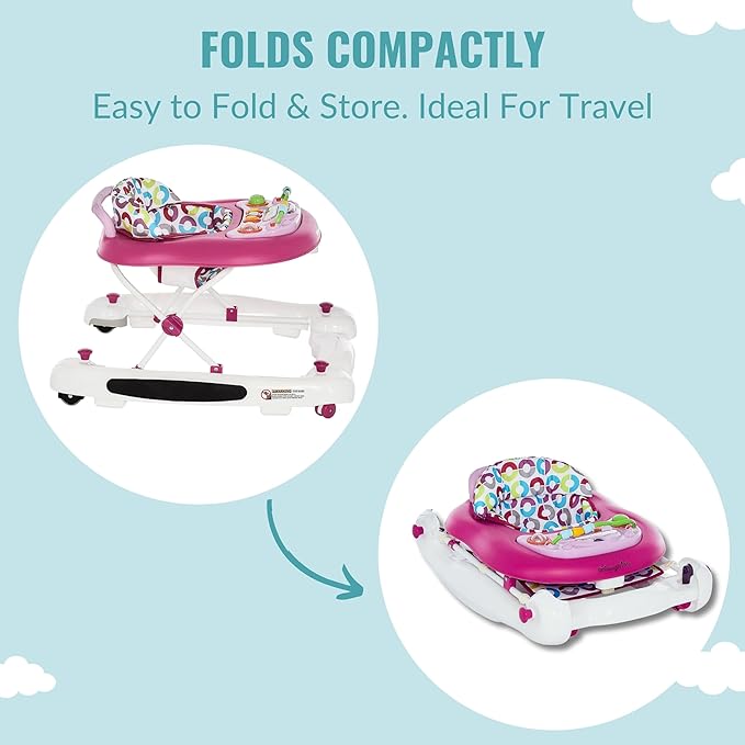 Dream On Me Go-Getter Baby Walker and Walk Behind Walker, Adjustable Seat Height, Comfortable Padded Seat, Easy to Fold, Pack and Store, Detachable Fun Tray, Pink