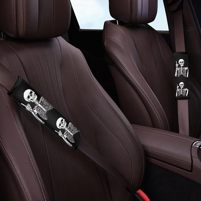 Biyejit Funny Skeleton Skull Car Seat Belt Covers Set of 2, Car Accessories Protector Soft Seatbelt Strap Shoulder Pad for Bags Backpacks