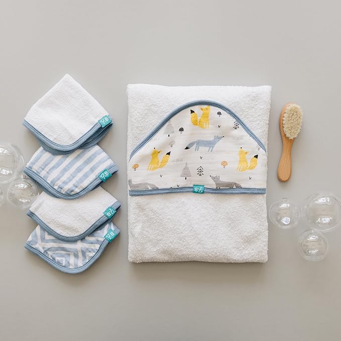 Featherhead™ 5-Piece 100% Cotton Muslin Hooded Bath Towel & Washcloths Set for Baby Boy - Ultra Soft and Extra Absorbent - Newborn Essential & Perfect Baby Registry Gift (Blue Foxes)