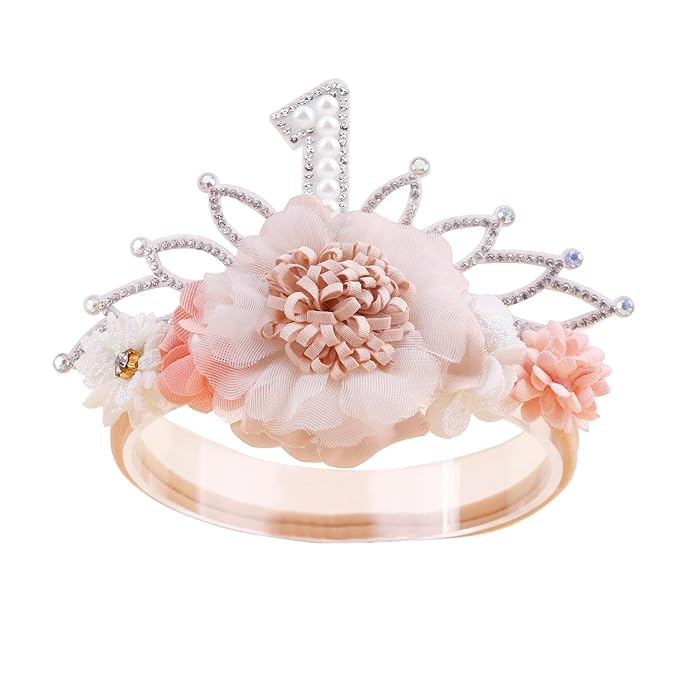 cherrboll Flower Headband Birthday Crown for Girl, Floral Nylon Hairband for 1-3 Years Old Toddler, First 1st Birthday Party Dress Photo Decoration Hair Accessory