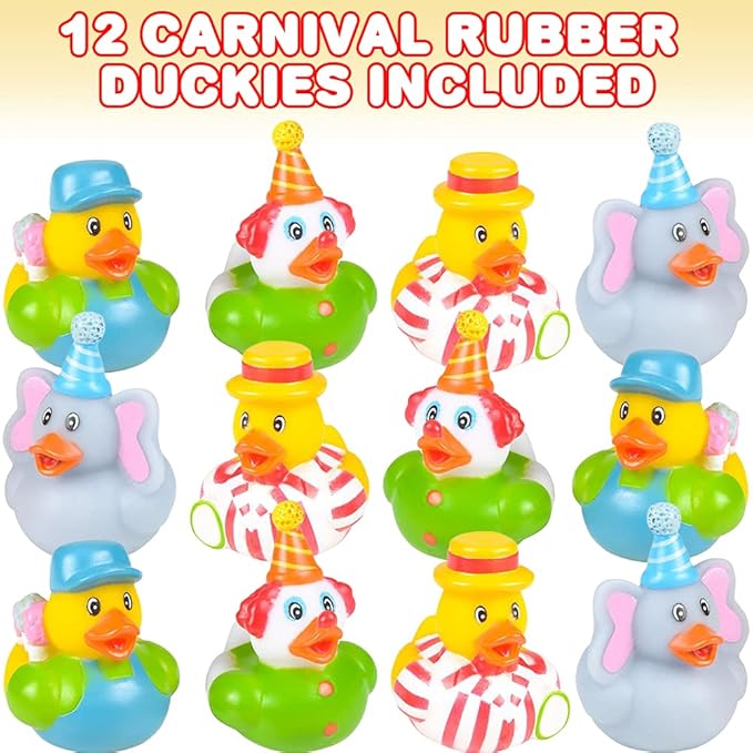 ArtCreativity Carnival Rubber Duckies for Kids, Pack of 12 Cute Duck Bathtub Pool Toys, Fun Carnival Supplies, Birthday Party Favors for Boys and Girls