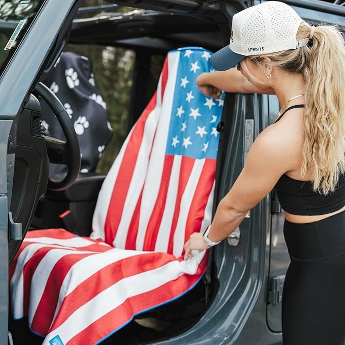 Sprints Athletic Running Towel, Full-Sized, Car Seat Cover - Performance Microfiber (American Flag)