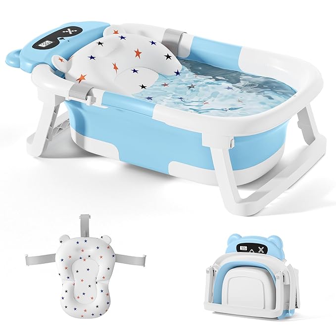 Baby Bathtub,Foldable Baby Bath Tub for Newborn to Toddler (0-18 Months) – Collapsible Infant Tub for Travel with Thermometer, Soft Cushion,Blue