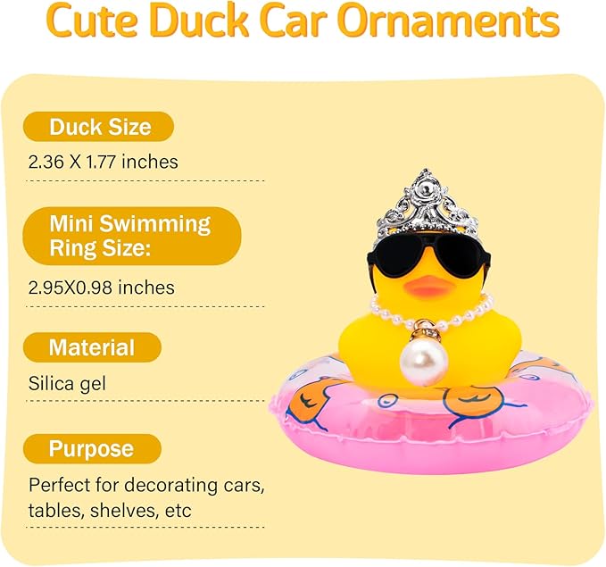 wonuu Car Duck Rubber Duck Car Ornaments Duck Car Dashboard Decorations with Cute Headband Swim Ring Necklace Sunglasses, C-Female Crown&Pearl&Pink