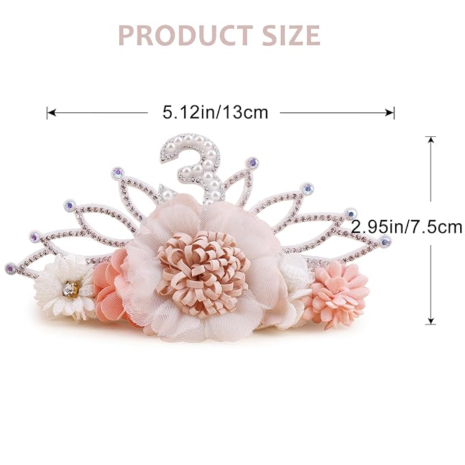 cherrboll Flower Headband Birthday Crown for Girl, Floral Nylon Hairband for 1-3 Years Old Toddler, 3rd Birthday Party Dress Photo Decoration Hair Accessory