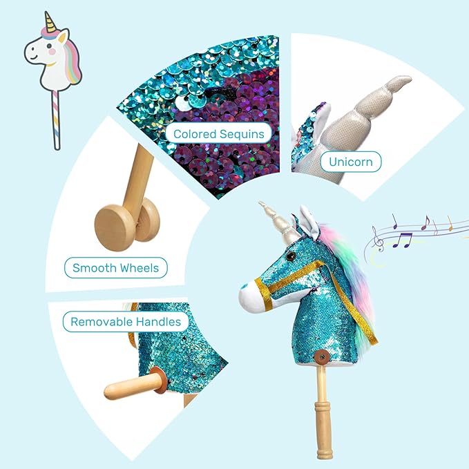 HollyHOME Sequin Unicorn Stick Horse Handcrafted Hobby Horse on a Stick with Wood Wheels Real Pony Neighing and Galloping Sounds Plush Unicorn Toy Blue 36 Inches(AA Batteries Required)