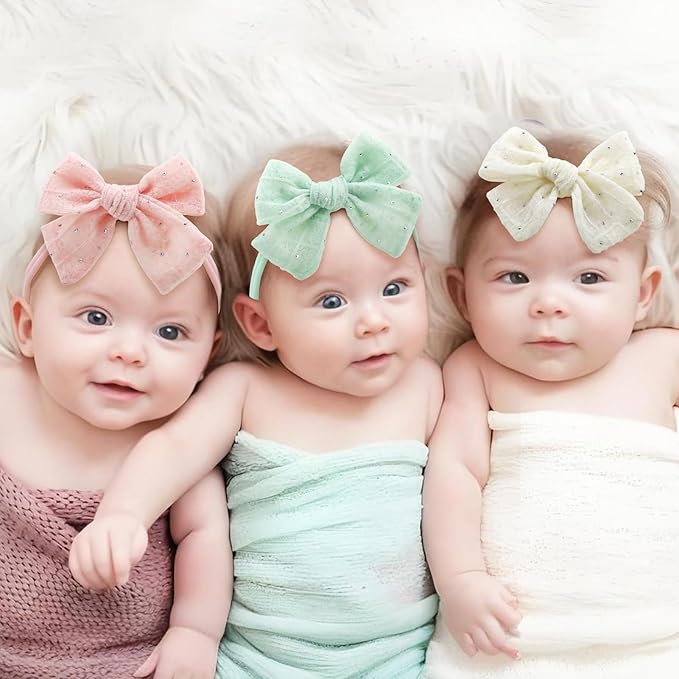 YanJie 10Pcs Soft Lace Baby Bows Sparkly Girls Headbands with Rhinestones Baby Girl Hair Accessories for Newborn Infant Toddler Kids 4.5’’ Bow