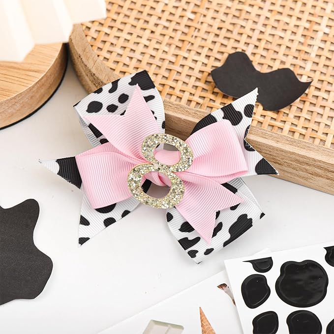 YanJie 4'' Baby Girl Birthday Hair Bow for 8 Year Old Girls Cow Print Glitter Pink Toddler Hair Clips Hair Accessories Birthday Bows for Eight Years