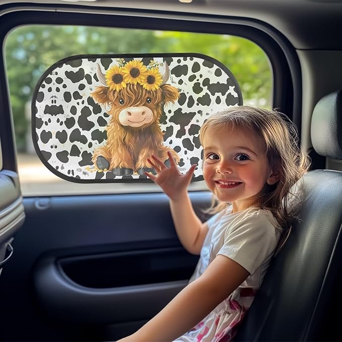 Bulopur 2 PCS Highland Cow Print Car Window Covers Sun Shade Side Window Sun Protection and Sun Shade Blocker Car Interior Automotive Mesh Windshield Shades for Baby